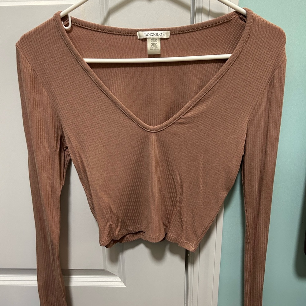 Bozzolo Women's Brown Ribbed Long Sleeve V-Neck Top